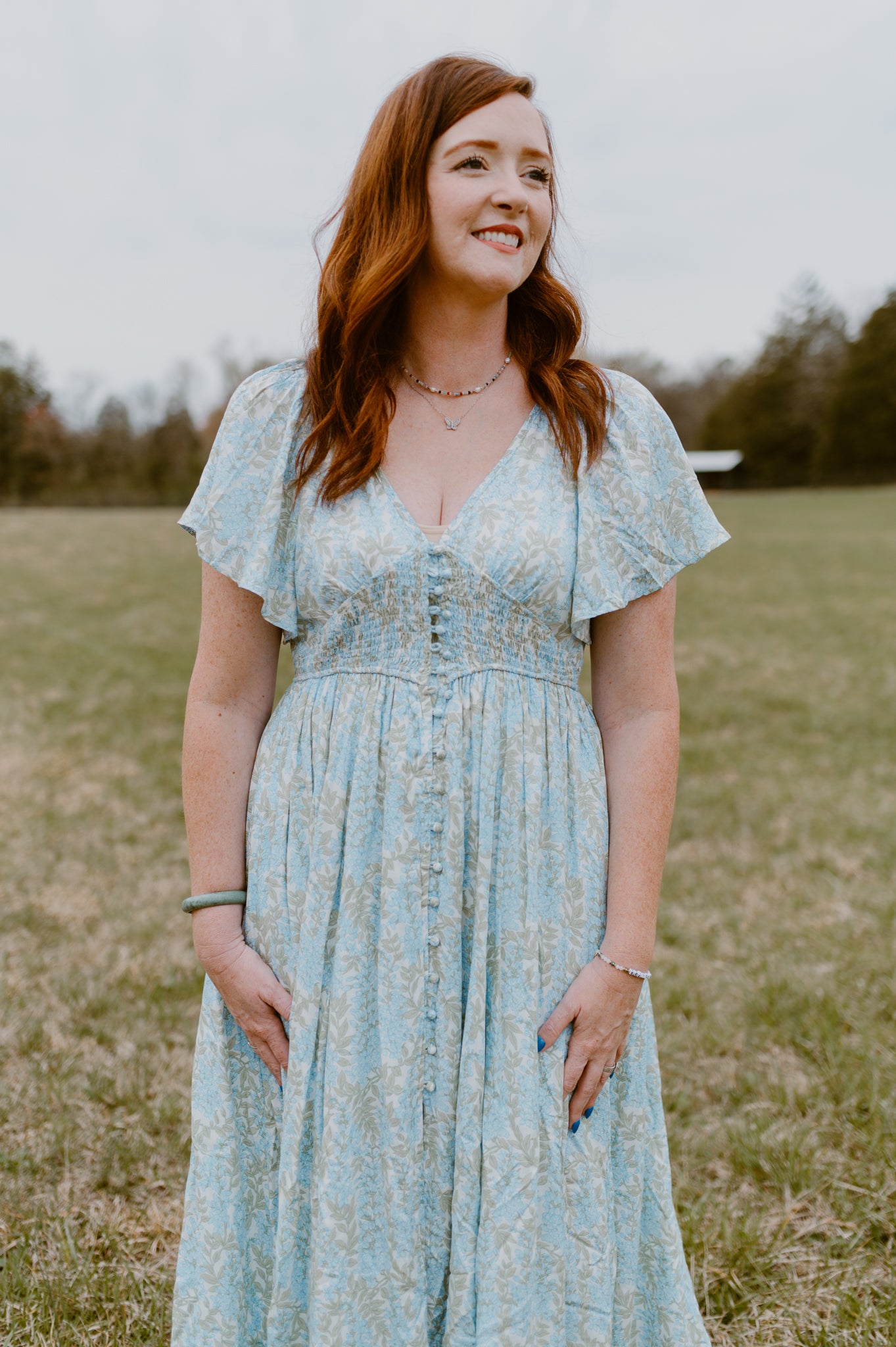 Meadowbrook Flutter Sleeve Button-Front Maxi Dress