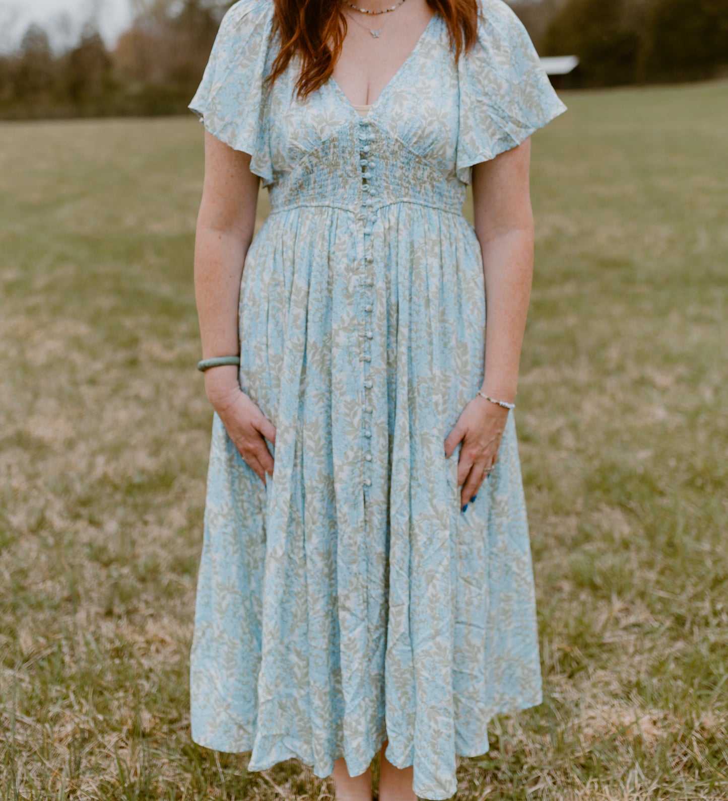 Meadowbrook Flutter Sleeve Button-Front Maxi Dress
