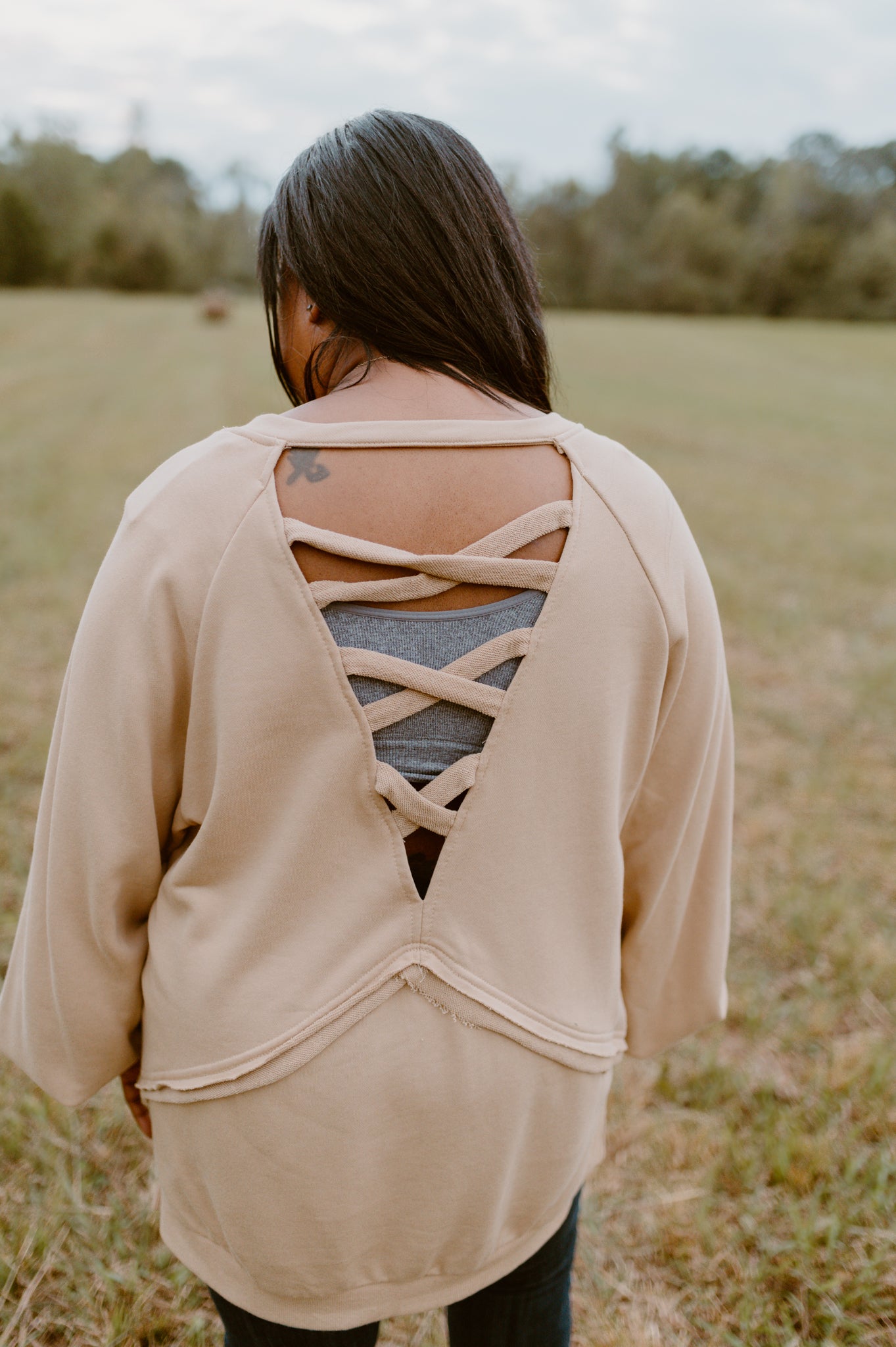 It's Showing Off Back Cross Sweatshirt | Khaki