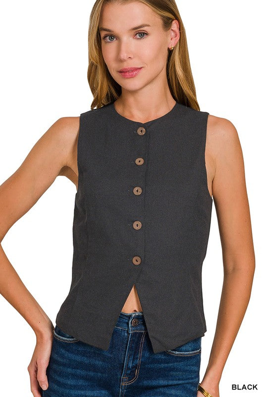 The Buttoned Up Linen Vest | Black