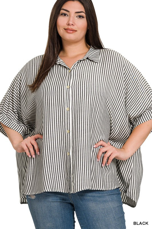 The Weekend Ease Striped Button-Up | Black (Plus Size)