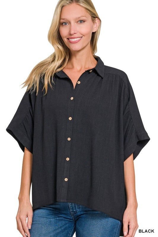 Linen Puff Sleeve Blouse | Black
