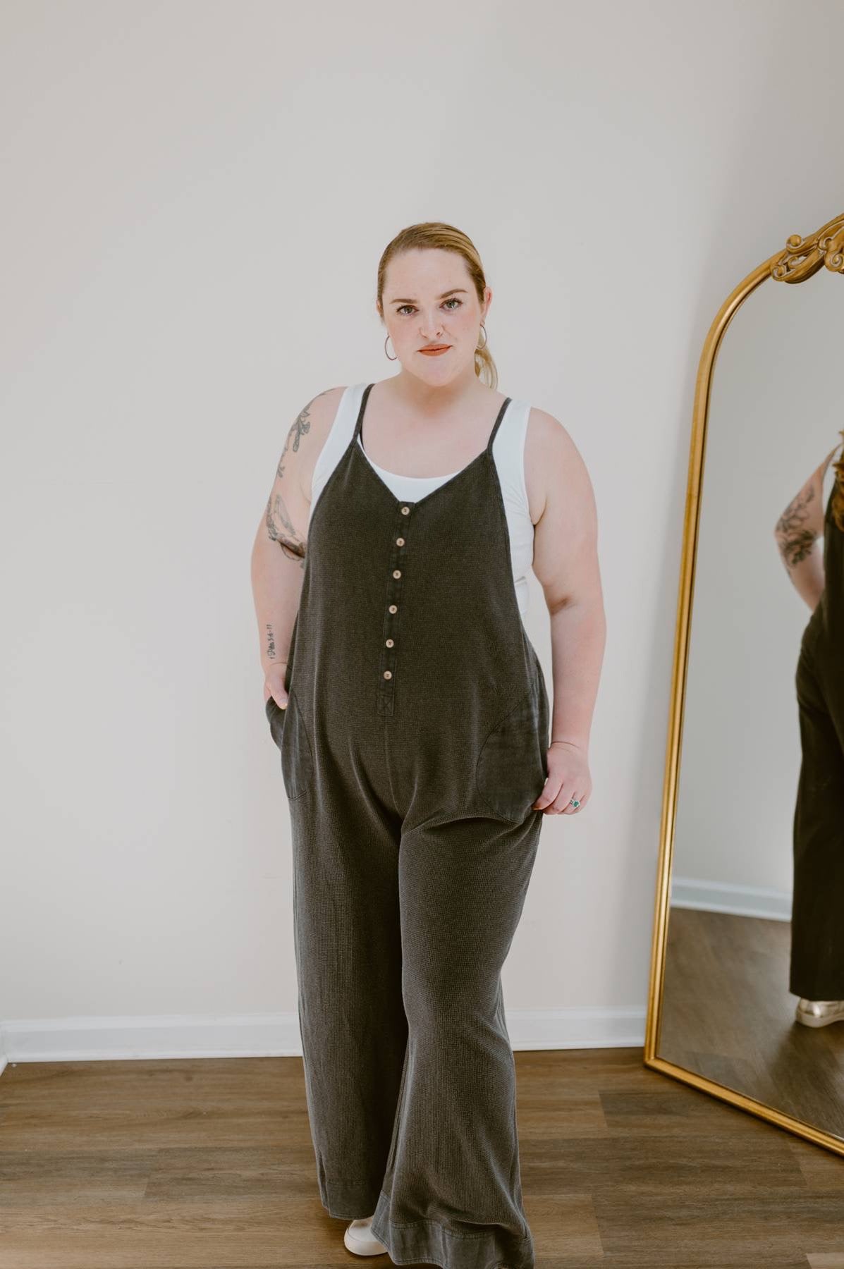 The Easy Street Washed Thermal Wide Leg Jumpsuit | Washed Black