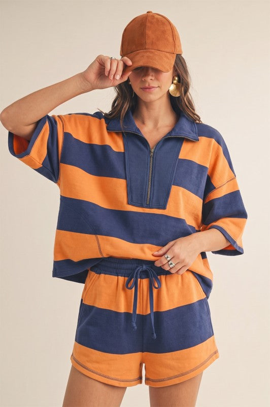 Rival Weekend Stripe Quarter Zip Set | Orange/Navy