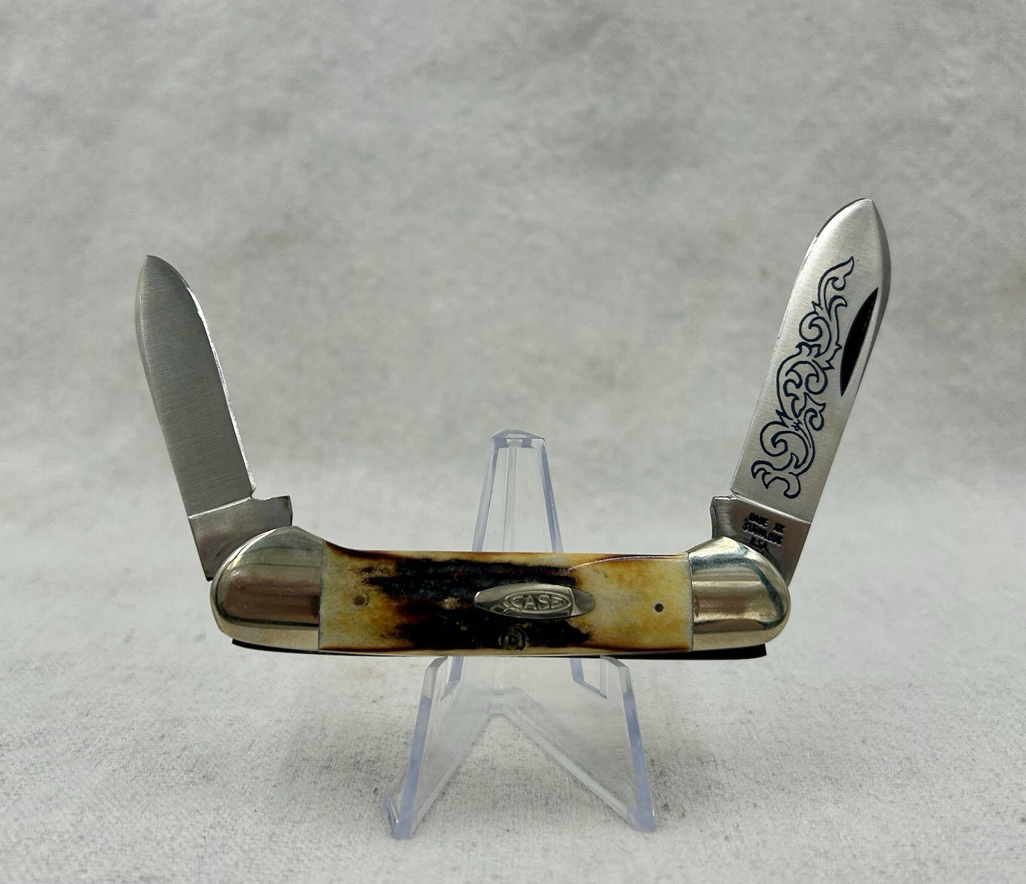Case XX Blue Scroll USA Stag Folding Pocket Knife 52131 SSP 3-Dot 1977 Canoe