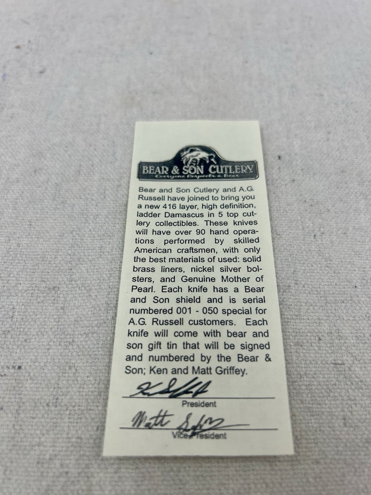 1 Of 50 Bear and Sons Damascus Sm Toothpick - Mother of Pearl SN024 - Signed Tin