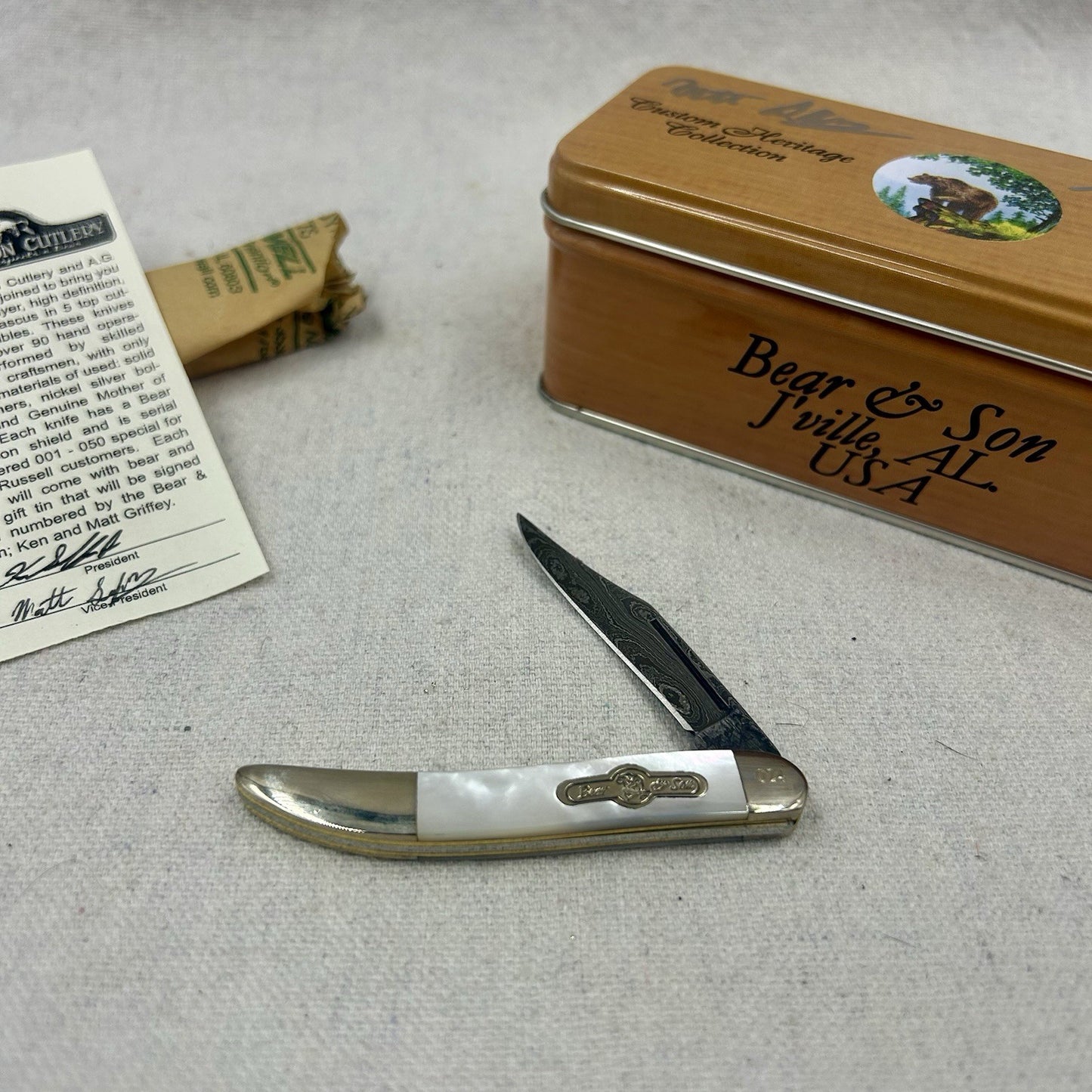 1 Of 50 Bear and Sons Damascus Sm Toothpick - Mother of Pearl SN024 - Signed Tin