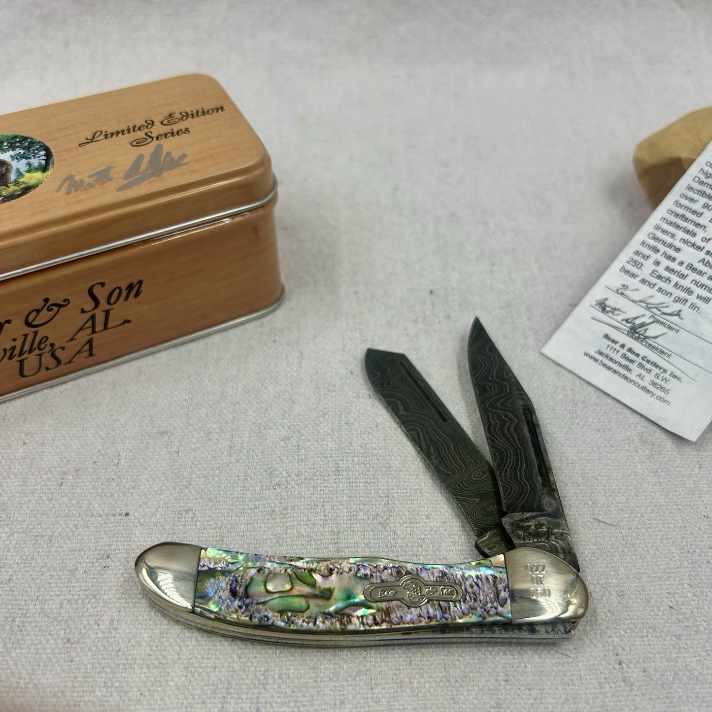 Bear and Sons Damascus Copperhead- Lim Ed Series - Abalone SN022 - in Signed Tin