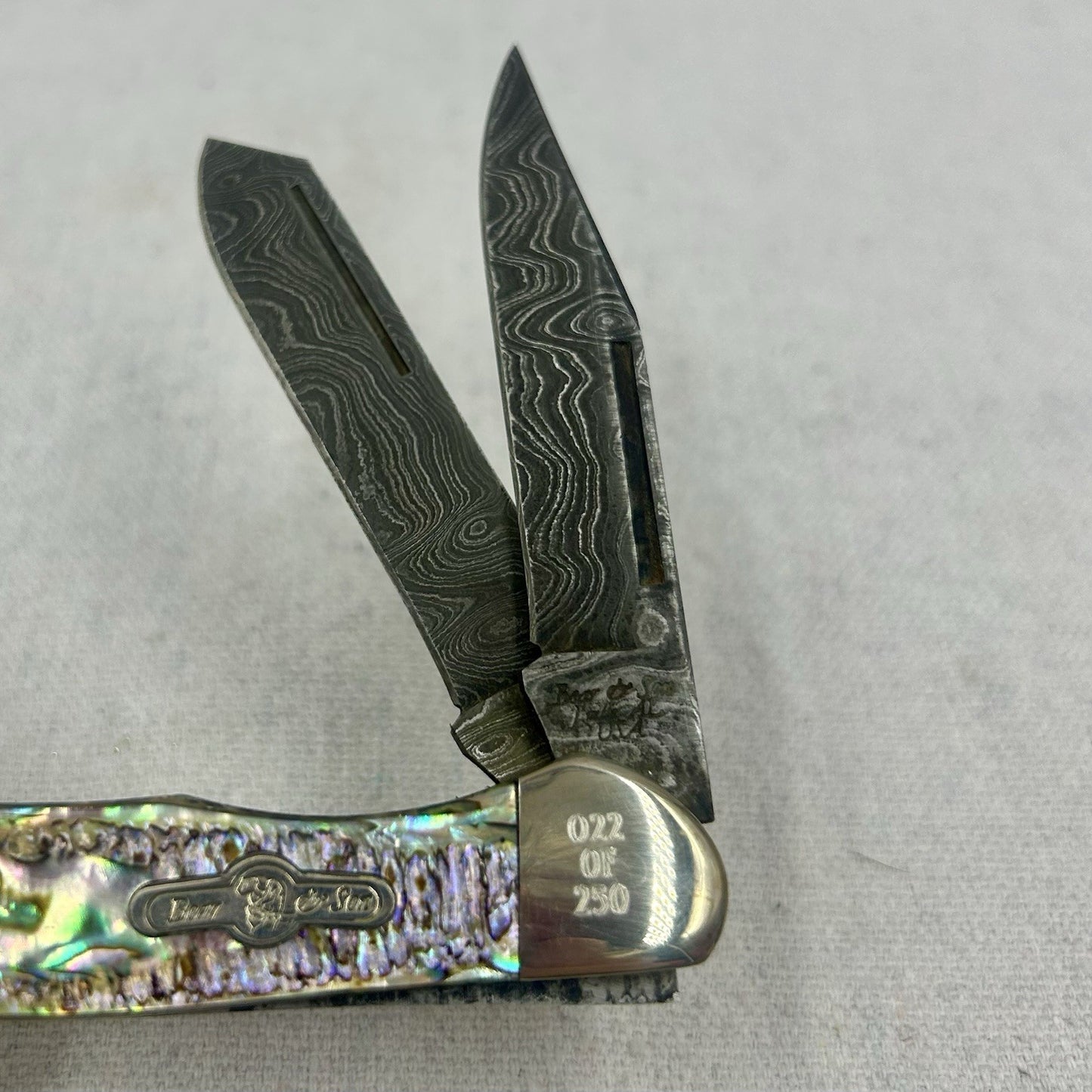 Bear and Sons Damascus Copperhead- Lim Ed Series - Abalone SN022 - in Signed Tin