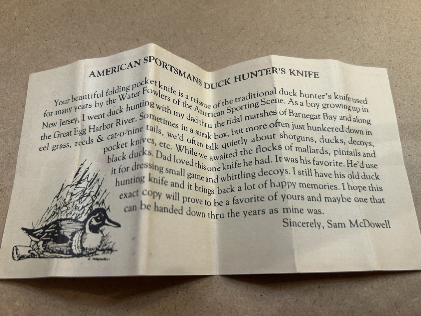 American Sportsmans Duckhunters Collectors Knife Sam McDowell - Elk Antler!