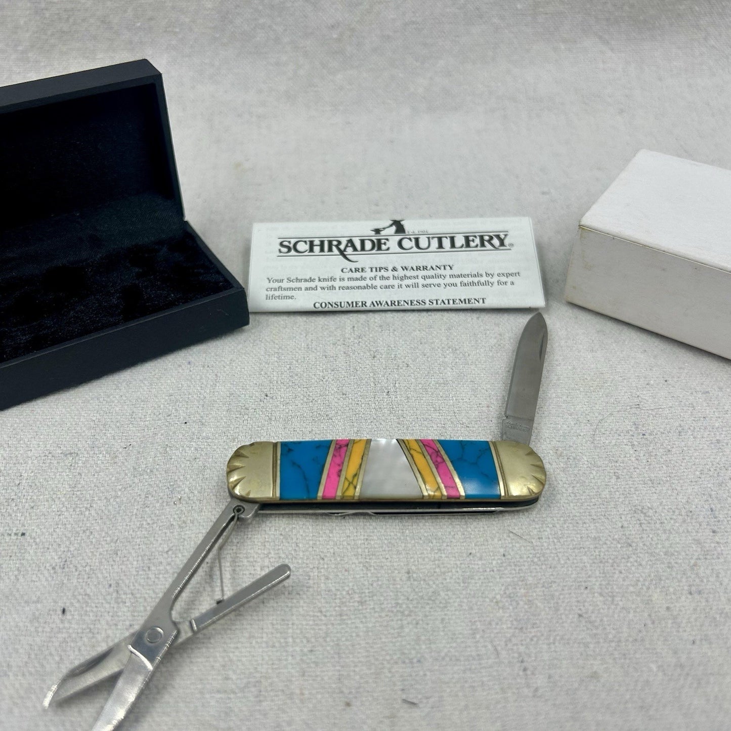 SCHRADE CLASSIC UNCLE HENRY TURQUOISE PEARL LOBSTER MONEY CLIP KNIFE W/SCISSORS