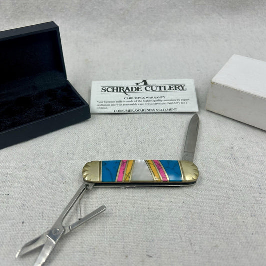 SCHRADE CLASSIC UNCLE HENRY TURQUOISE PEARL LOBSTER MONEY CLIP KNIFE W/SCISSORS