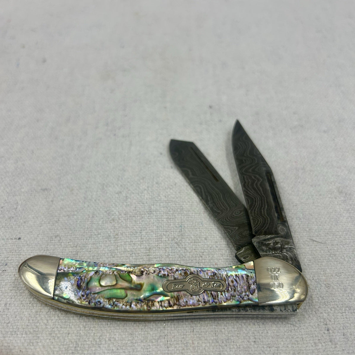 Bear and Sons Damascus Copperhead- Lim Ed Series - Abalone SN022 - in Signed Tin