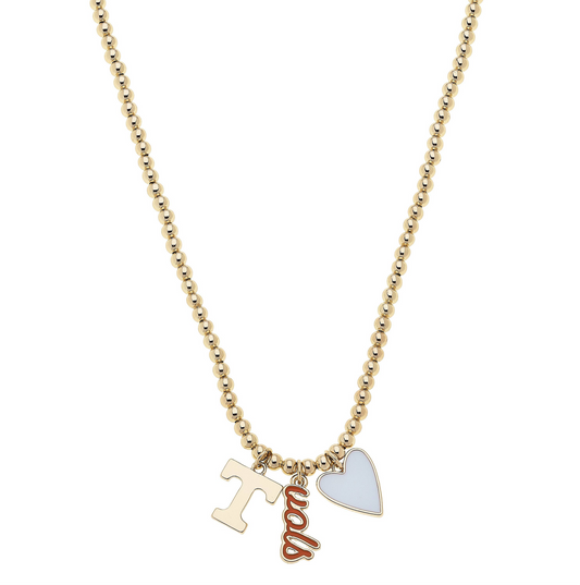 Tennessee Vols Ball Bead Charm Necklace in Shiny Gold