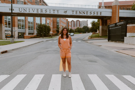 The Squeeze the Day Denim Romper | Orange