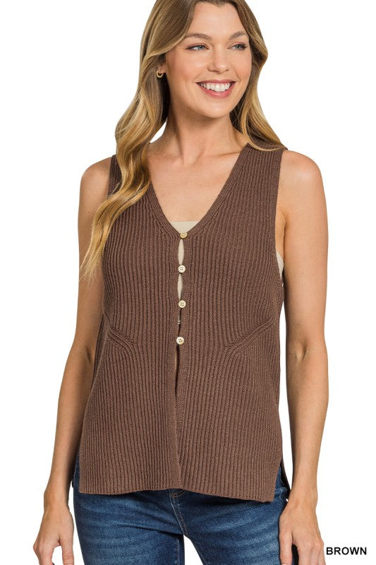 The Fall Edit Button Front Sweater Vest | Brown