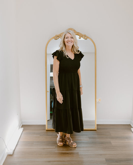 The Golden Hour Smocked Midi Dress | Black