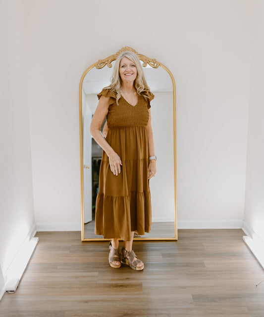 The Golden Hour Smocked Midi Dress | Brown