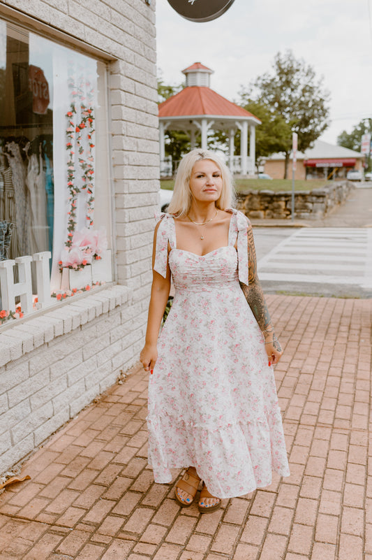 Floral Tie Strap Ruched Maxi | Pink