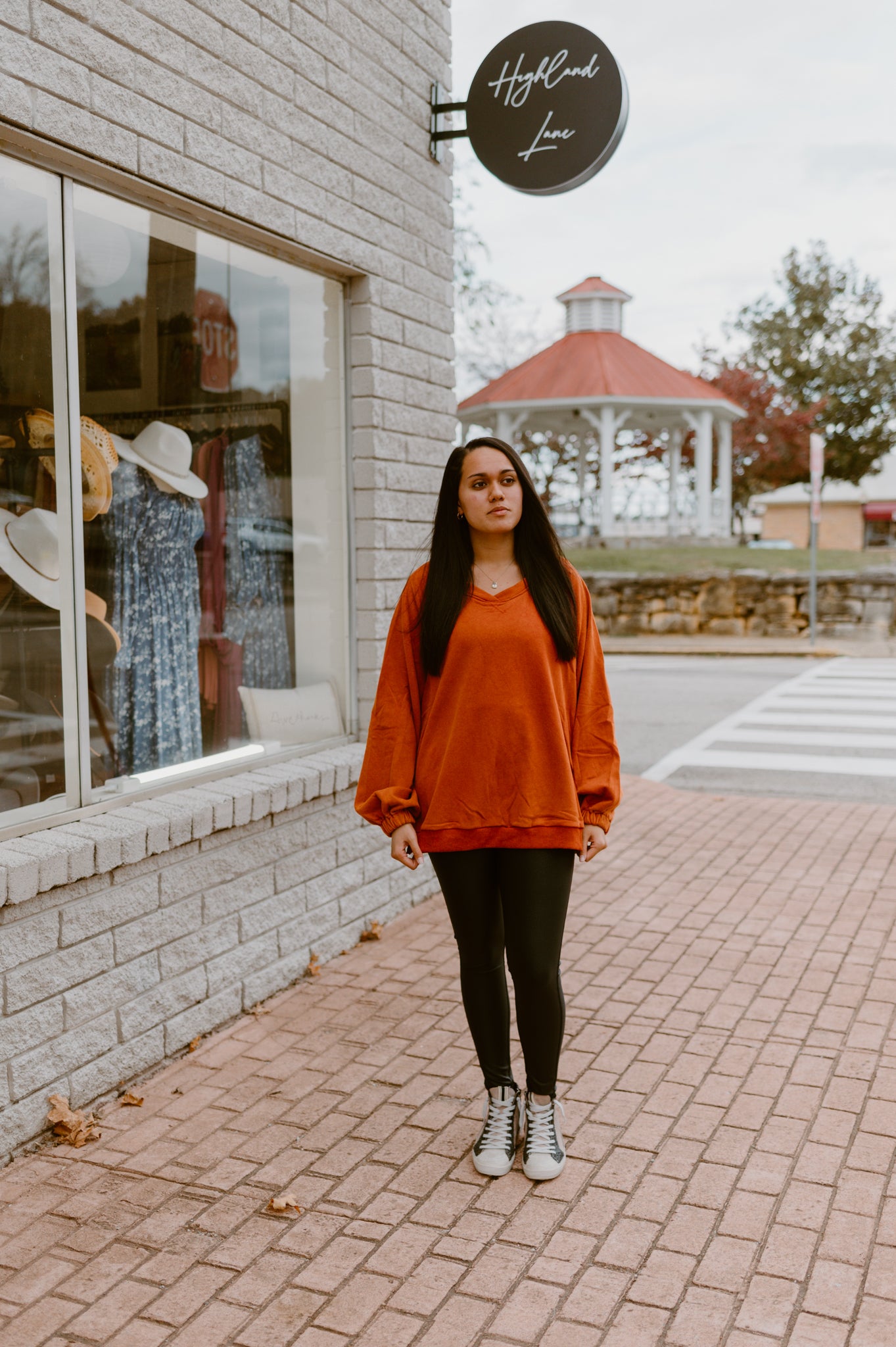 Its Showing Off Back Cross Sweatshirt- Rust Charcoal