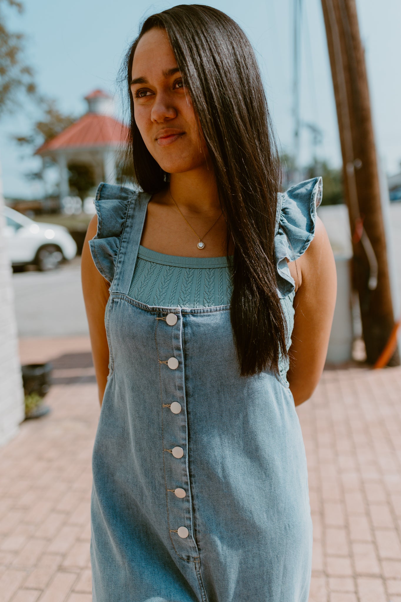 Ruffle Strapped Denim Jumper