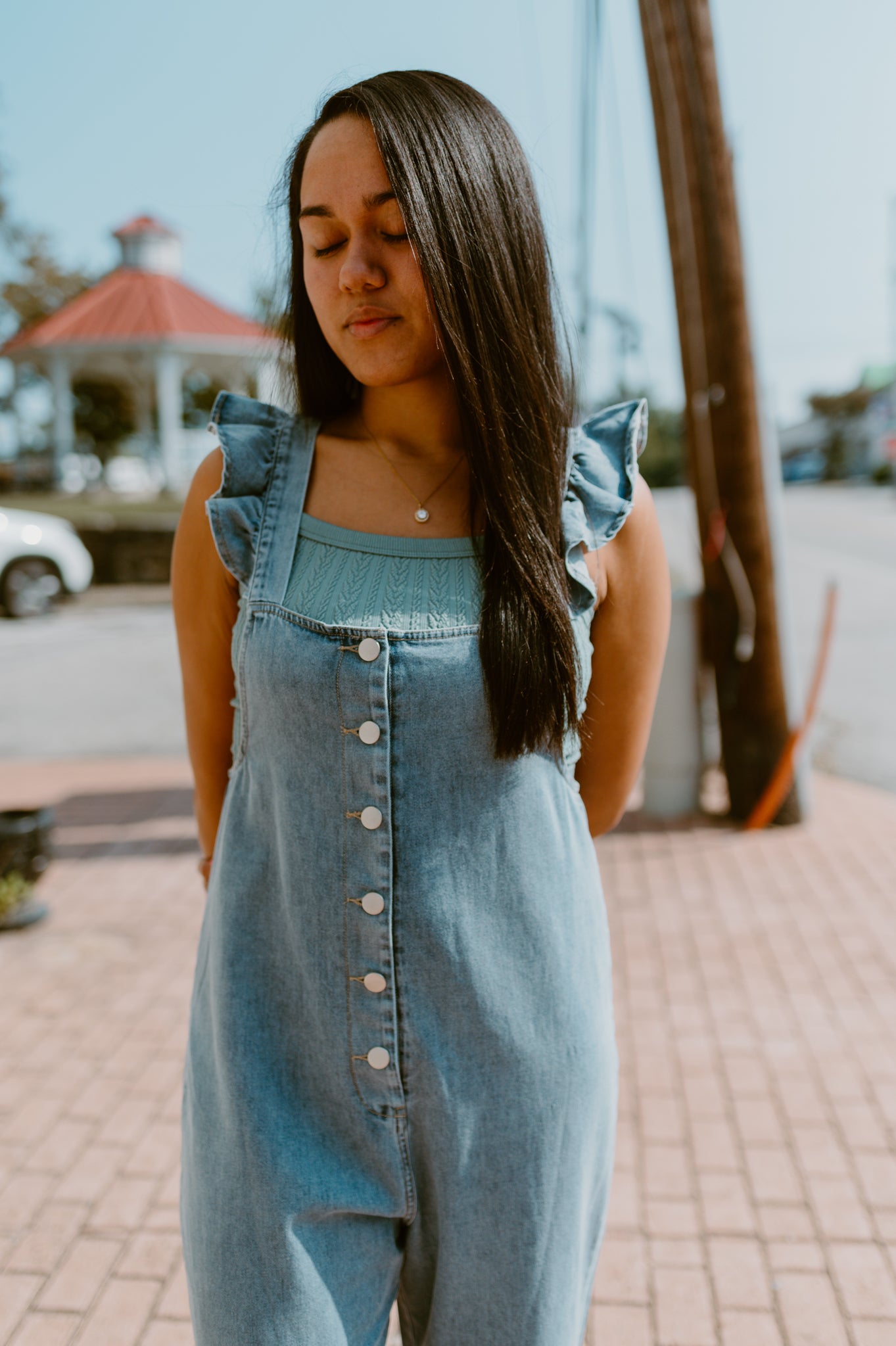 Ruffle Strapped Denim Jumper