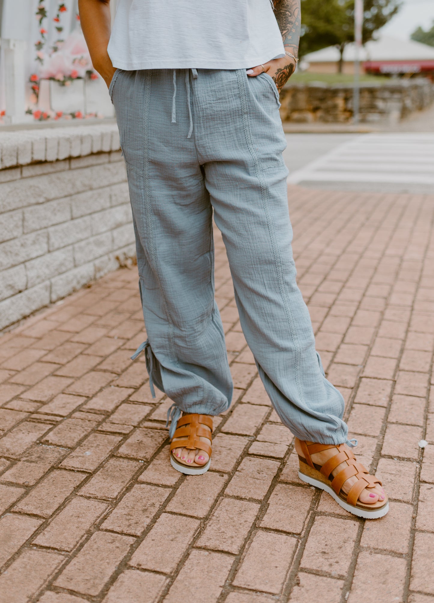 Tunnel Harem Pants with Lace Trim Detail: DENIM