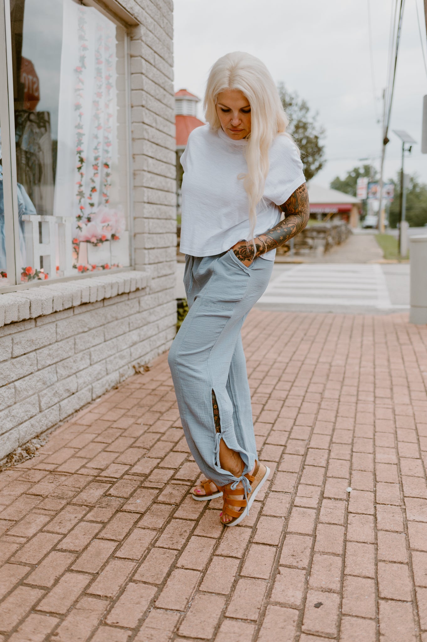 Tunnel Harem Pants with Lace Trim Detail: DENIM