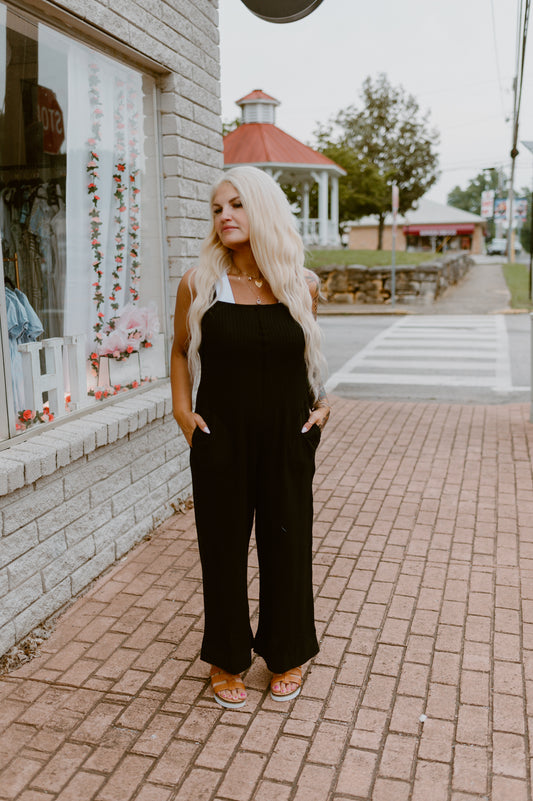 Waffle Wide Leg Jumpsuit | Black
