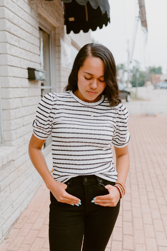 Black and White Stripe Ribbed Puff Sleeved