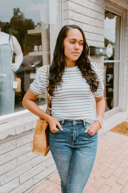 Blue & White Stripe Ribbed Puff Short Sleeved