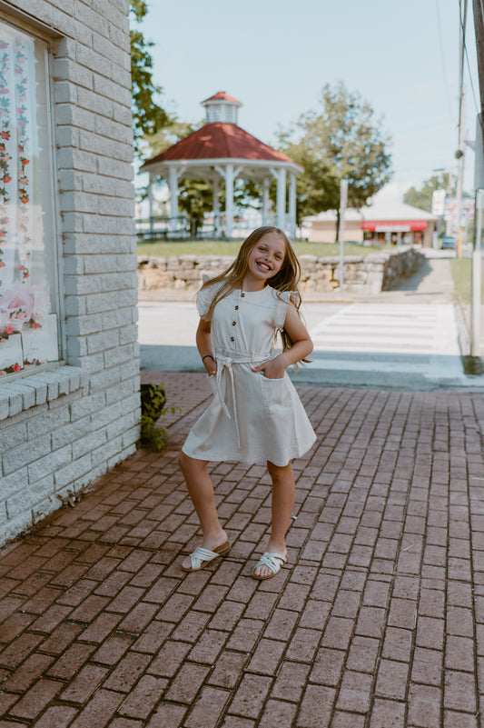 HL Girls Ivory Ruffle Sleeve Dress