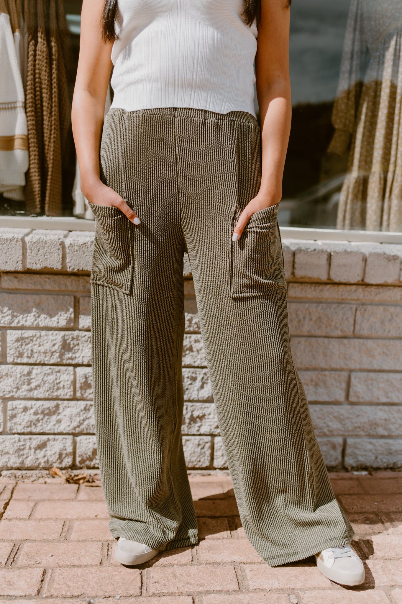 Textured Waffle Knit Cargo Lounge Pants | Olive Green