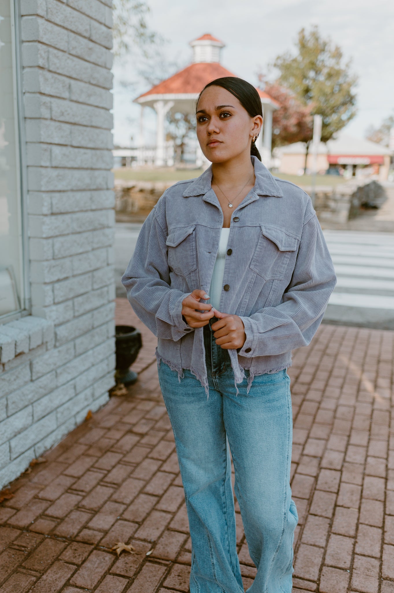 Raw Hem Button Down Corduroy Jacket with Pockets|Purple