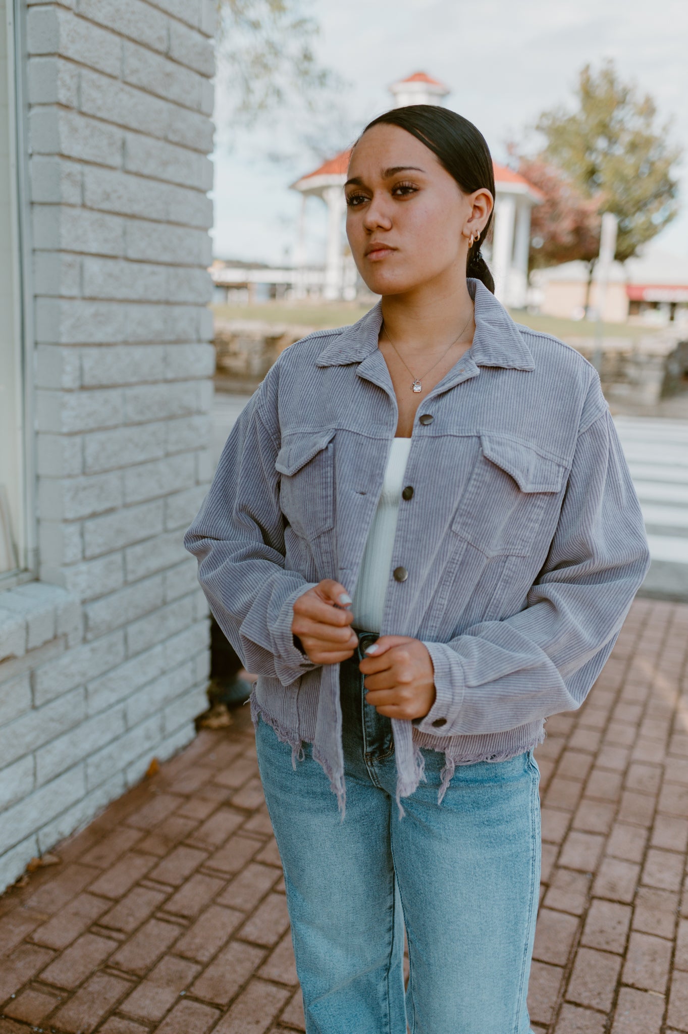 Raw Hem Button Down Corduroy Jacket with Pockets|Purple