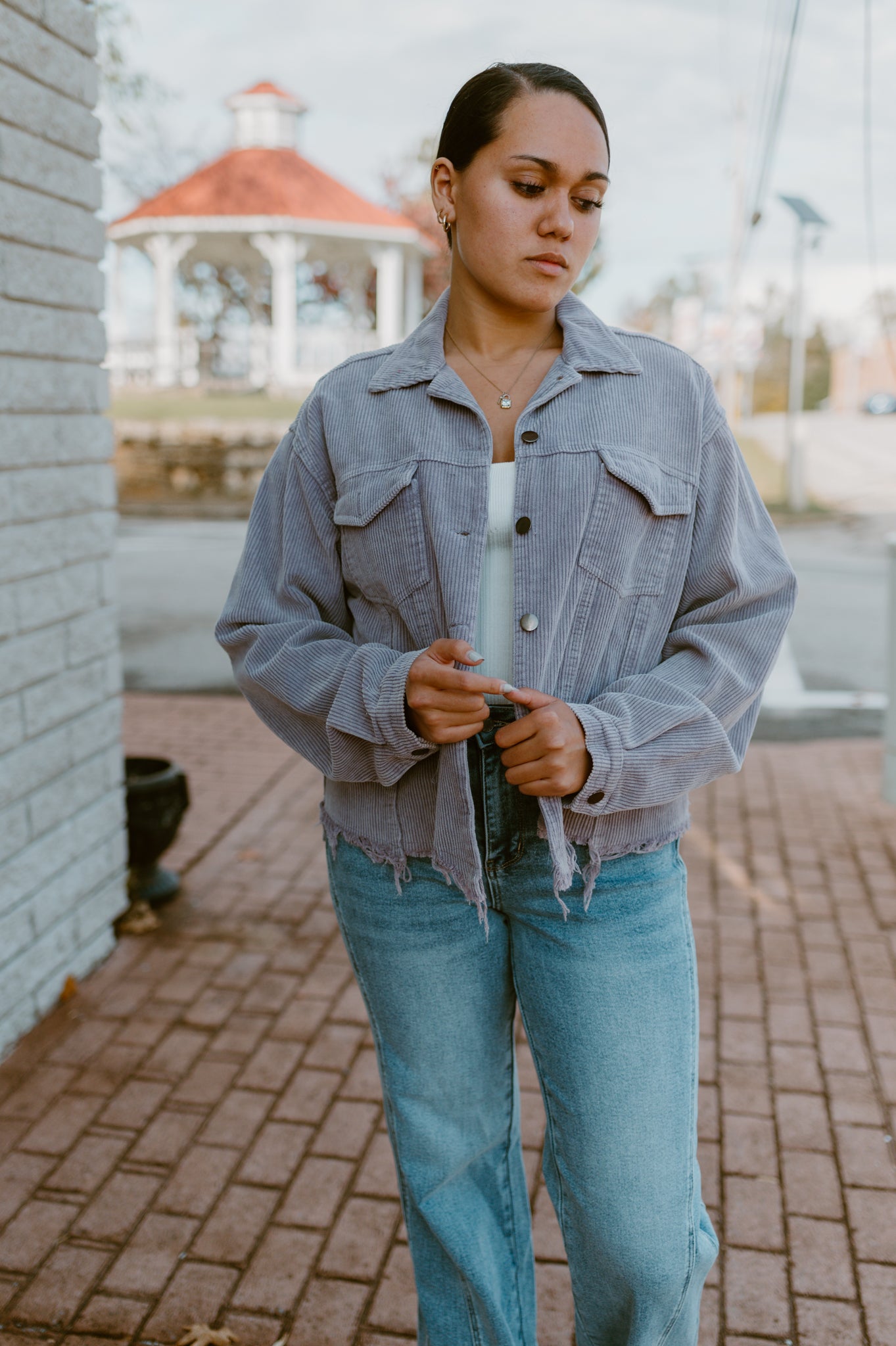 Raw Hem Button Down Corduroy Jacket with Pockets|Purple