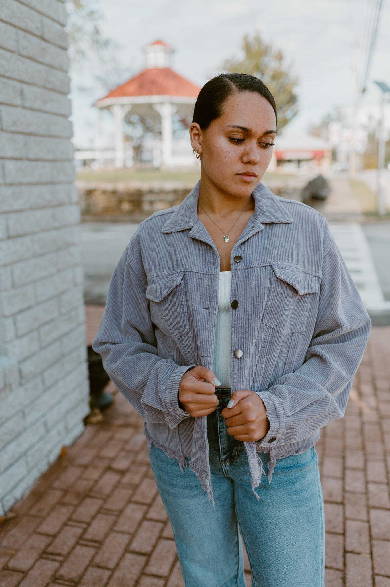 Raw Hem Button Down Corduroy Jacket with Pockets|Purple