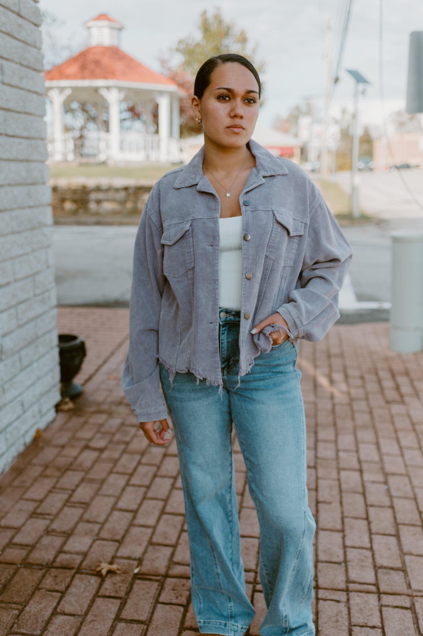 Raw Hem Button Down Corduroy Jacket with Pockets|Purple