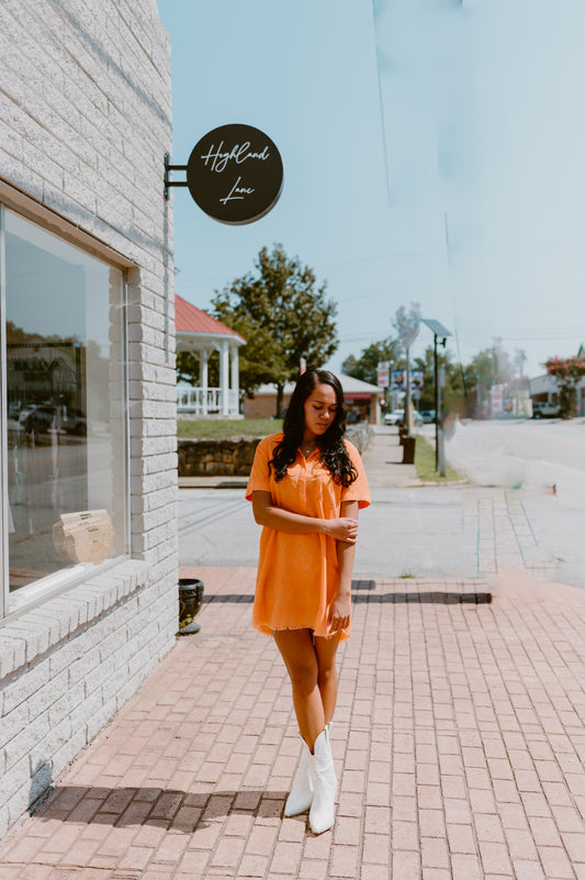 Check the Scoreboard Orange Button-Up Shirt Dress