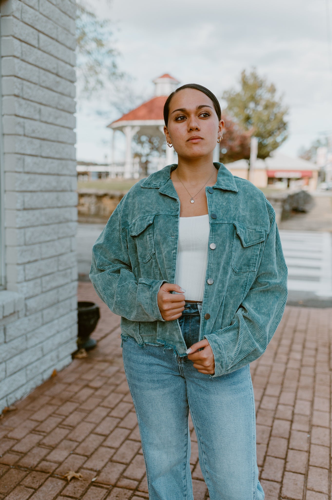 Raw Hem Button Down Corduroy Jacket with Pockets|Teal