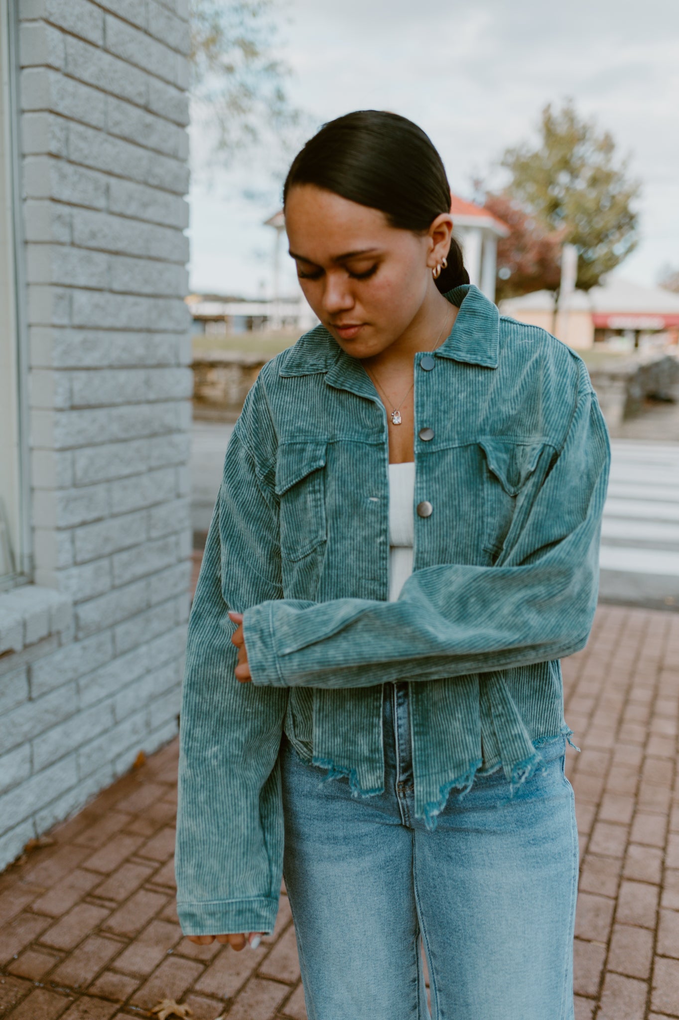 Raw Hem Button Down Corduroy Jacket with Pockets|Teal