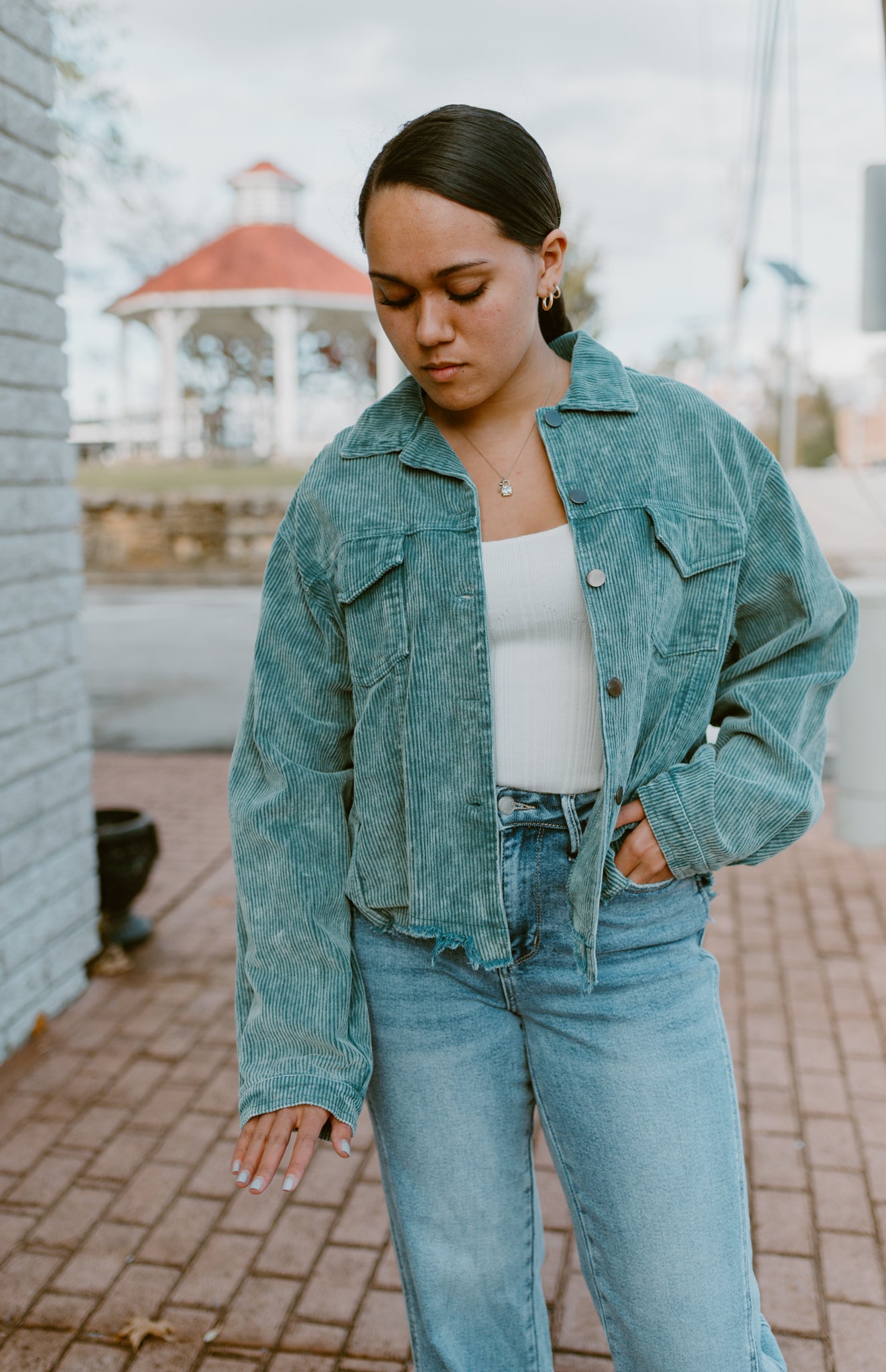 Raw Hem Button Down Corduroy Jacket with Pockets|Teal