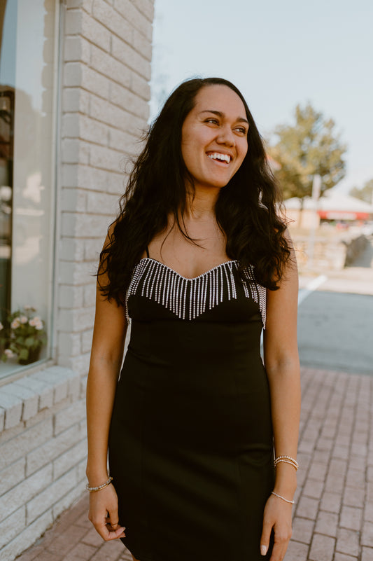 Fringe Rhinestone Mini Black Dress