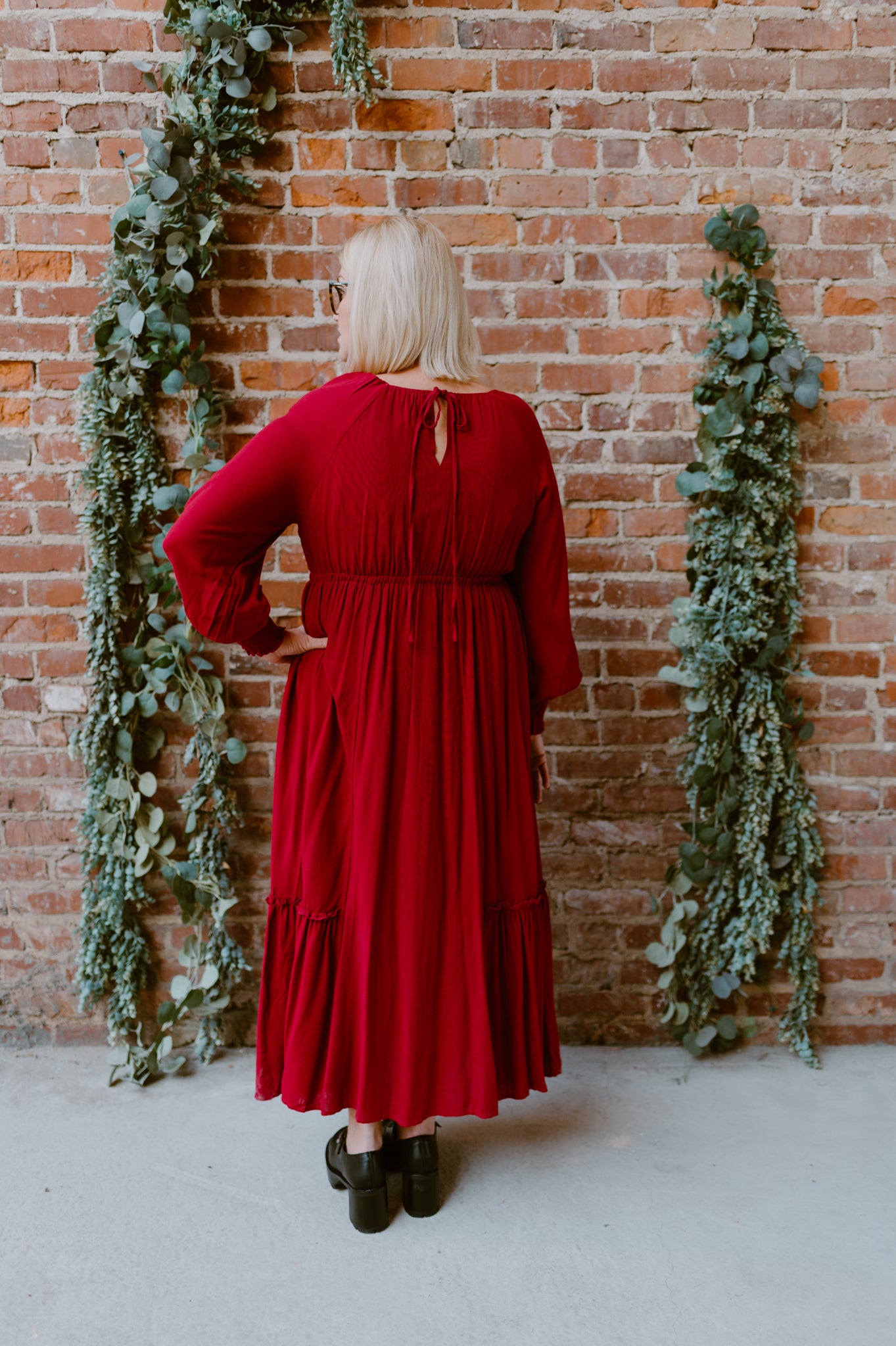 Gathered Long Sleeve Maxi Dress | Cherry Merlot