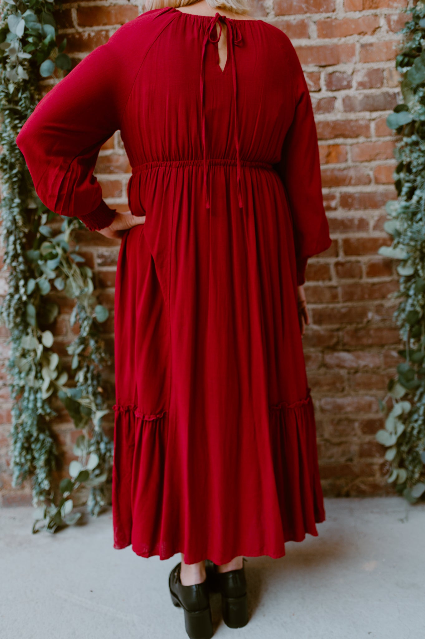 Gathered Long Sleeve Maxi Dress | Cherry Merlot