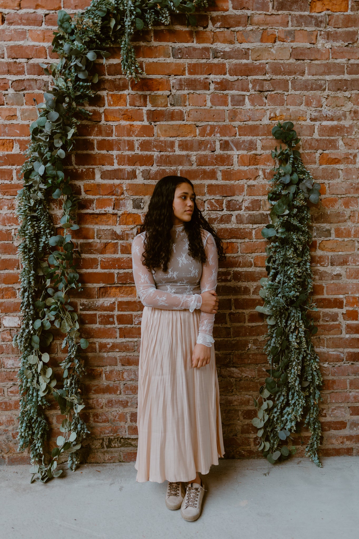 Shiny Pleated Midi Skirt | Beige