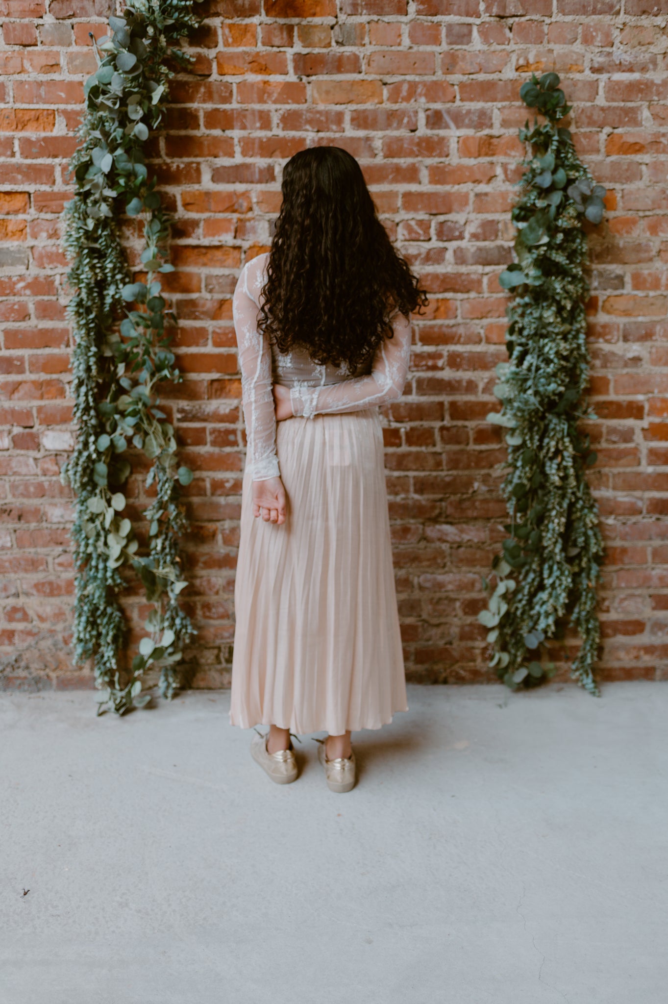 Shiny Pleated Midi Skirt | Beige