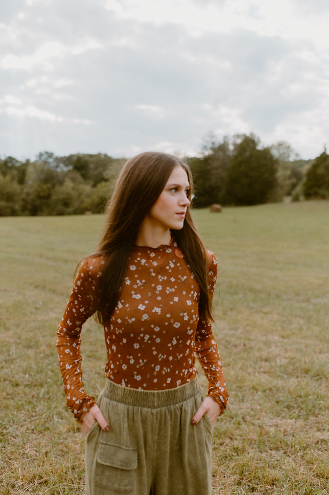 Brown Floral Lace Long Sleeve Top