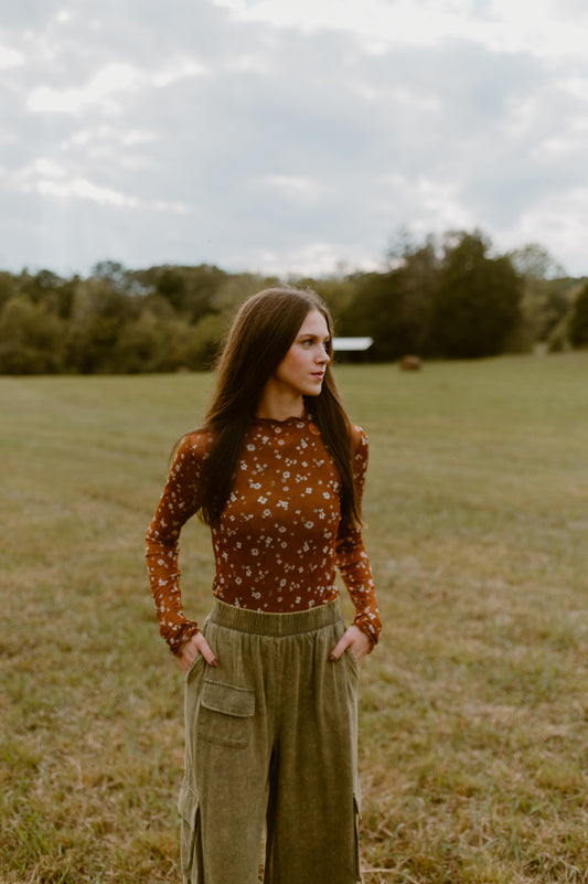 Brown Floral Lace Long Sleeve Top