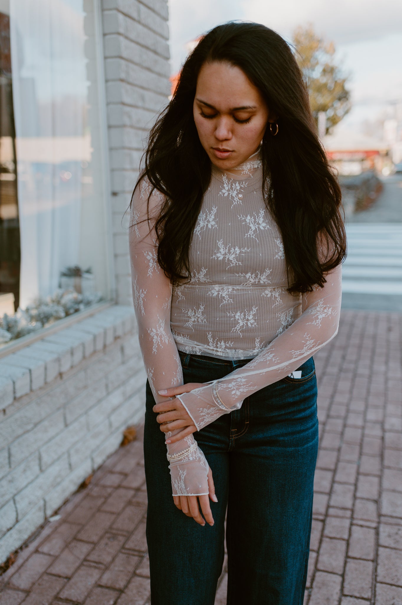 Mesh Lace High Neck Long Sleeve Lace | Cream